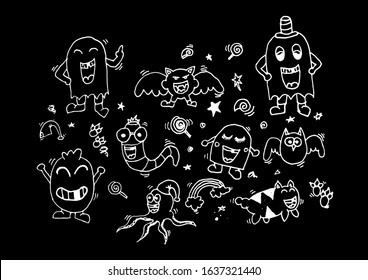 Doodle set of objects from a toothless laugh, black and white outline. Funny cartoon with cute childish face expressions, toothless smile, amazed emotion, emoji, emoticon, funny monster