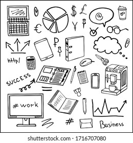 Doodle set of office items, business elements. Vector images for web, print, background, icons.