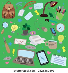 A doodle set of office supplies. Laptop, wired mouse, tablet and headphones in a vector image.