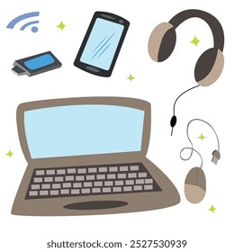 A doodle set of office supplies. Laptop, wired mouse, tablet and headphones in a vector image.