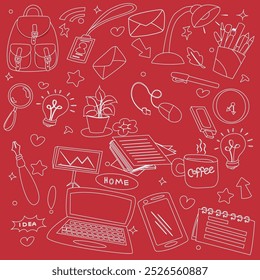The doodle set of office supplies is red. Laptop, wired mouse, tablet in vector image.