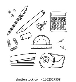Doodle set of office supplies. Set of stationery items for design.