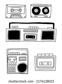 Doodle set of old school tape recorders and boombox vector illustration. 90's pop disco tape recorders set