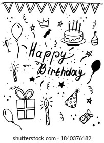 Doodle set on a birthday theme. Black and white vector illustration