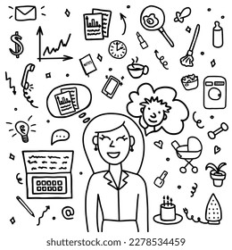 Doodle set on concept of opportunity on the work during motherhood. Maternity and career vector