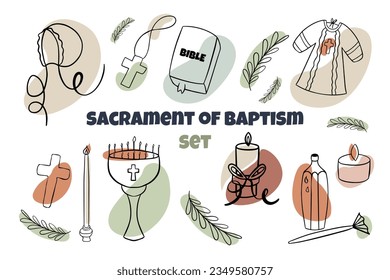 Doodle set on the theme of the sacrament of baptism. Baptism of an infant. Christianity. catalicism