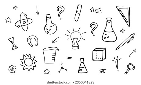 Doodle set on the theme of science, research and education, chemistry, astronomy, mathematics, physics, geometry and other sciences. Laboratory tools and equipment. Black and white outline. Vector.