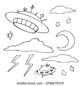 Doodle set on the theme of UFOs, flying saucers, clouds, sky. Hand drawing. Vector illustration
