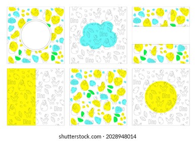 Doodle set on a white background with bright elements. Background for text. Dinosaurs, Tyrannosaurus rex, Jurassic. The concept of a holiday, entertainment. Design for covers, concessions, web sites.