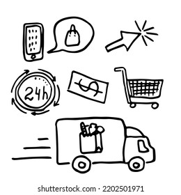 Doodle set Online shop, cartoon vector icons. Basket for shopping, money and delivery service 24 hour