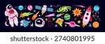 Doodle set of outer space. Items of cosmos: planets, stars, comets, UFO, rockets, spaceships, satellites and spacemen in spacesuit. Elements of universe, galaxy. Flat isolated vector illustrations