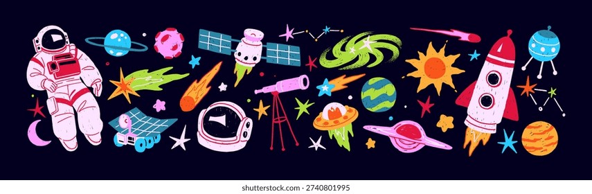 Doodle set of outer space. Items of cosmos: planets, stars, comets, UFO, rockets, spaceships, satellites and spacemen in spacesuit. Elements of universe, galaxy. Flat isolated vector illustrations