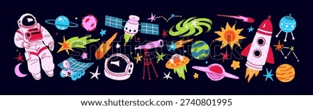 Doodle set of outer space. Items of cosmos: planets, stars, comets, UFO, rockets, spaceships, satellites and spacemen in spacesuit. Elements of universe, galaxy. Flat isolated vector illustrations
