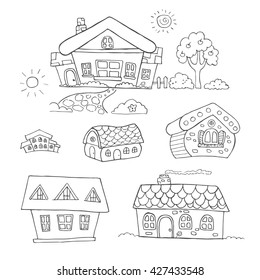 Doodle set of outline hand drawn buildings in vintage style. Vector illustration. Sketches of houses. Isolated on white.