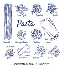 Doodle set of Pasta - Penne, Tagliatelle, Fusilli, Spaghetti, Conchiglie, Tortelloni, Lasagne, Canneloni, Farfalle, Rigatoni, Mista, hand-drawn. Vector sketch illustration isolated, white background.