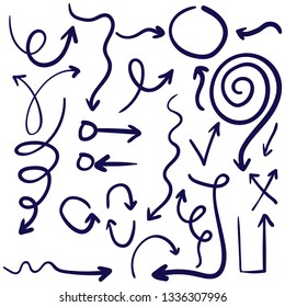Doodle set of pencil drawing objects. Hand drawn abstract grunge arrows. Vector abstract arrows for design use