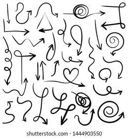 Doodle set of pencil drawing objects. Hand drawn abstract grunge arrows. Vector abstract arrows for design use