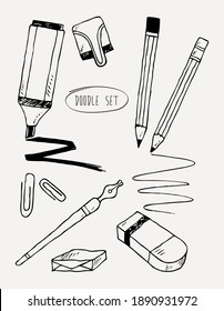 doodle set of pencil with eraser, vector illustration.