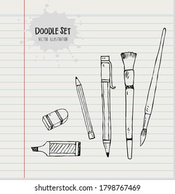 Doodle set of Pencil,eraser, Pen, Brush.