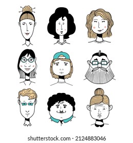 Doodle set people face. People avatars for social media, website. Doodle portraits fashionable girls and guys. Trendy hand drawn icons collection. Black and white vector illustration