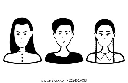 Doodle set people face. Three girls. Vector outline. Black and white illustration