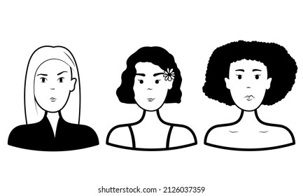 Doodle pone cara a la gente. Tres chicas. Esquema del vector. Ilustración en blanco y negro