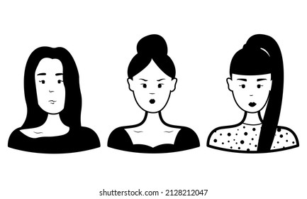 Doodle set people face. Three girls. Vector outline. Black and white illustration