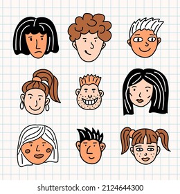 Doodle set people face. Vector hand drawn icons of human heads.