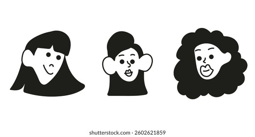 Doodle set of people faces. Various women with different facial expression. Cartoon isolated vector illustration.