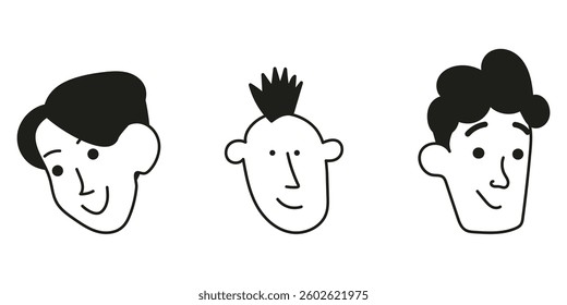Doodle set of people faces. Various men with different facial expression. Cartoon isolated vector illustration.