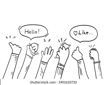 doodle Set of people hands using smartphone on comic style. isolated on white background. vector hand drawn illustration