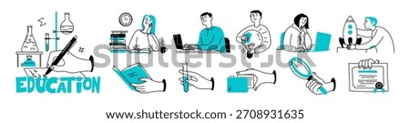 A doodle set of people on the topic of education. Online and offline. Men and women, hands, books, and ideas. Vector isolated line illustration.