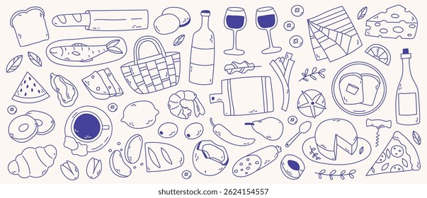 Doodle set with picnic food, blanket, basket and nature elements in a fun hand-drawn style.