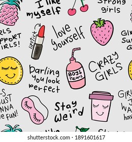 Doodle set with pineapple strawberry cherry and lipstick seamless repeating pattern texture background design for fashion fabrics, textile graphics, prints etc