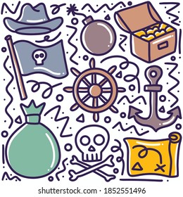 doodle set of pirate stuff hand drawing with icons and design elements