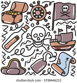 doodle set de material pirata dibujar a mano con iconos y elementos de diseño