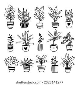 Conjunto de doodle de plantas en macetas. Ilustraciones de decoración interior.