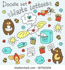 Doodle set -post, letters and bears (vector)