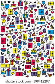 Doodle set of presents. Cute collection of cartoon gift boxes for Birthday. Vector Illustration