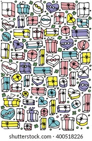 Doodle set of presents. Cute collection of cartoon gift boxes for Birthday. Vector Illustration