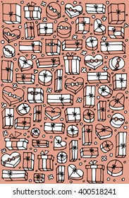 Doodle set of presents. Cute collection of cartoon gift boxes for Birthday. Vector Illustration
