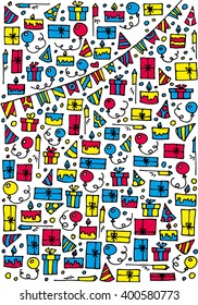 Doodle set of presents. Cute collection of cartoon gift boxes for Birthday. Vector Illustration