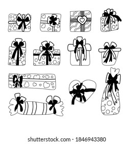 Doodle set of presents isolated on a white background. Cute collection of cartoon gift boxes for Birthday, Christmas or Valentine's day.Thin line doodle icon set. vector gift box icon. Hand drawn