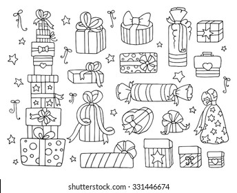 Doodle set of presents, ribbons, stars. Cute collection of cartoon gift boxes for Birthday, Christmas or Valentine's day. Vector isolated on white for celebration design. All gifts are grouped.