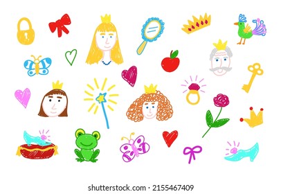 Doodle set with prince and princess faces and Fairy tale elements. Children's drawings. Isolated vector illustration