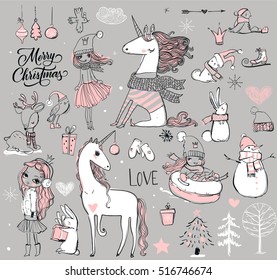 doodle set - princess with unicorn and winter elements