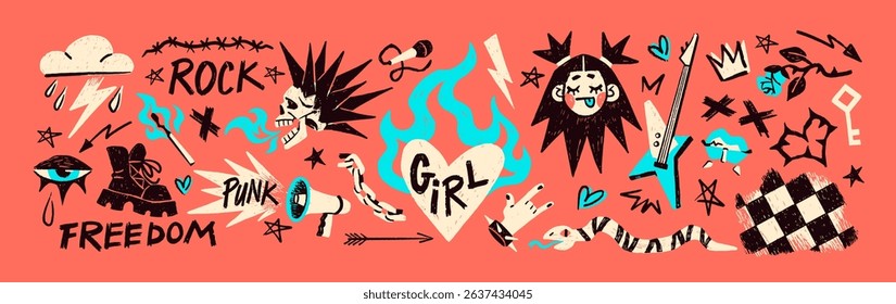 Doodle set of punk rock graffiti. Sketches of grunge tattoo with skull, guitar, heart, flower and flame. Scribble grafitti, drawing design elements, texts. Hand drawn isolated vector illustrations