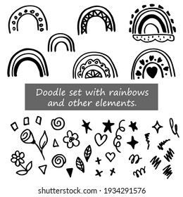 Doodle set with rainbows and various cute elements. Images for decorating children's clothing, gift wrapping, postcards, stationery