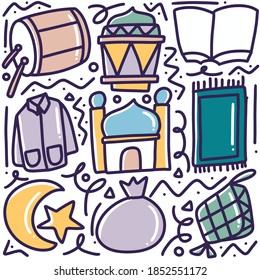 conjunto de doodle de dibujos diarios de ramadan con iconos y elementos de diseño