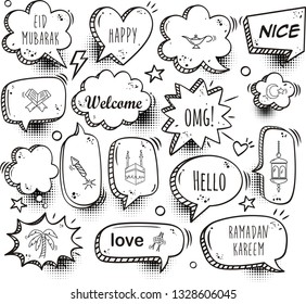 Doodle set of Ramadan Kareem with comic speech bubble